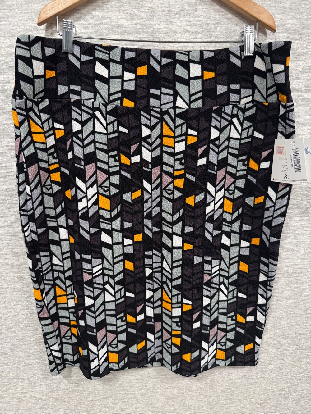 LuLaRoe Black Pencil Skirt (Cassie) with Gray, Plum & Mustard Geometric Print